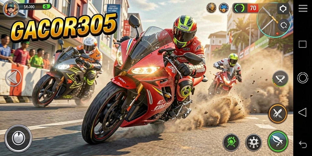 Gameplay GACOR305 dengan motor balap yang cepat dan lintasan berliku.